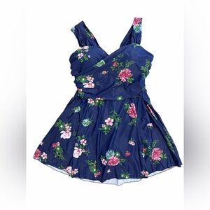 Cocopear Swimdress 2XL Navy Floral Wrap Bust One Piece Swimsuit Dress Shorts
